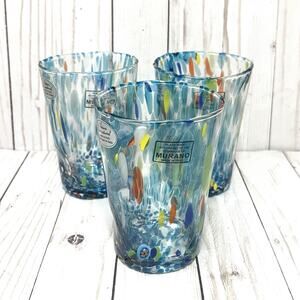 NEW Murano Confetti Millefiori Mosaic Blue Glass Tumblers Made in Italy Set of 3